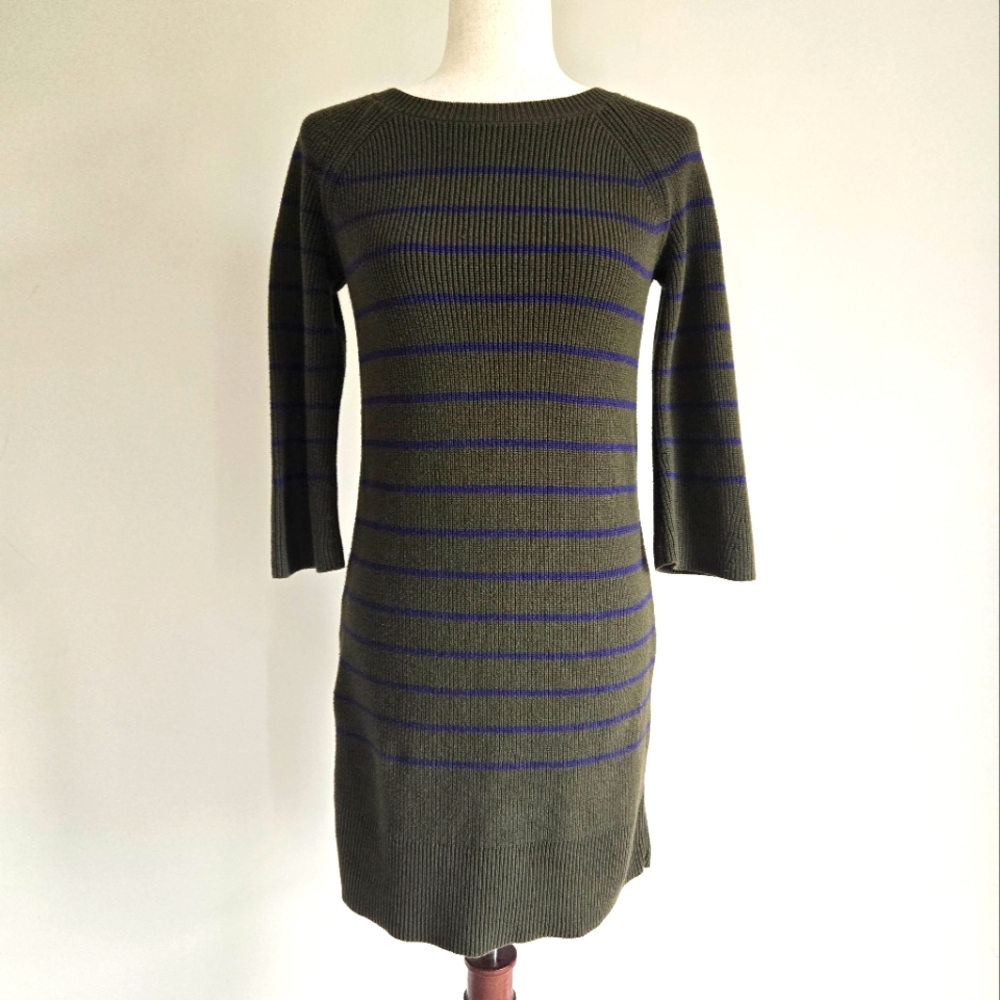 Banana Republic Hunter Green Blue Stripe Ribbed Sweater Dress Womens Small